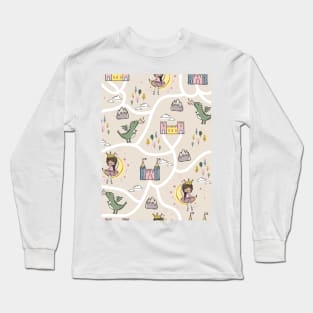 Childish seamless pattern with princess and dragon beige background Long Sleeve T-Shirt